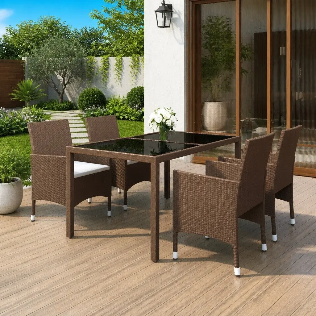 5 Piece Garden Dining Set PE Rattan Glass Table Brown Powder-coated Steel Chairs