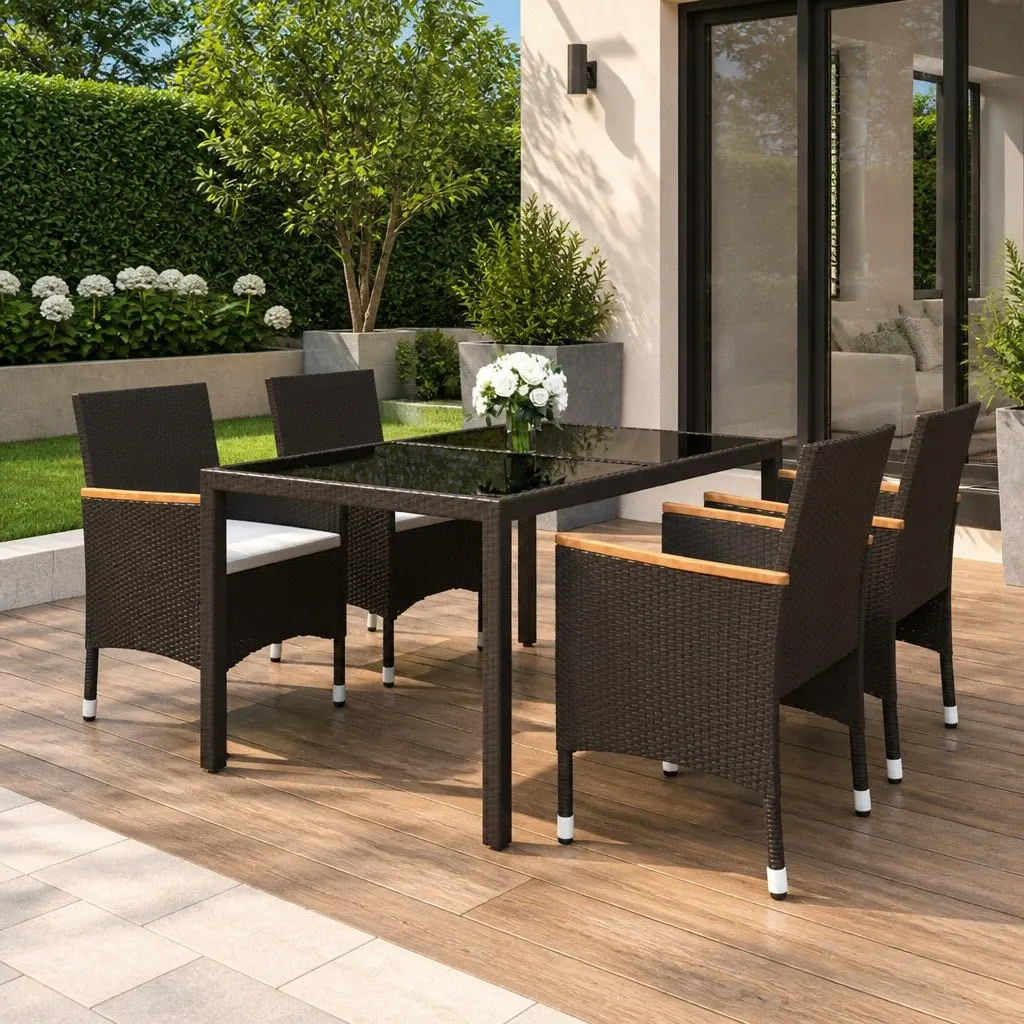 5 Piece Outdoor Garden Dining Set Poly Rattan Tempered Glass Table Chairs Black