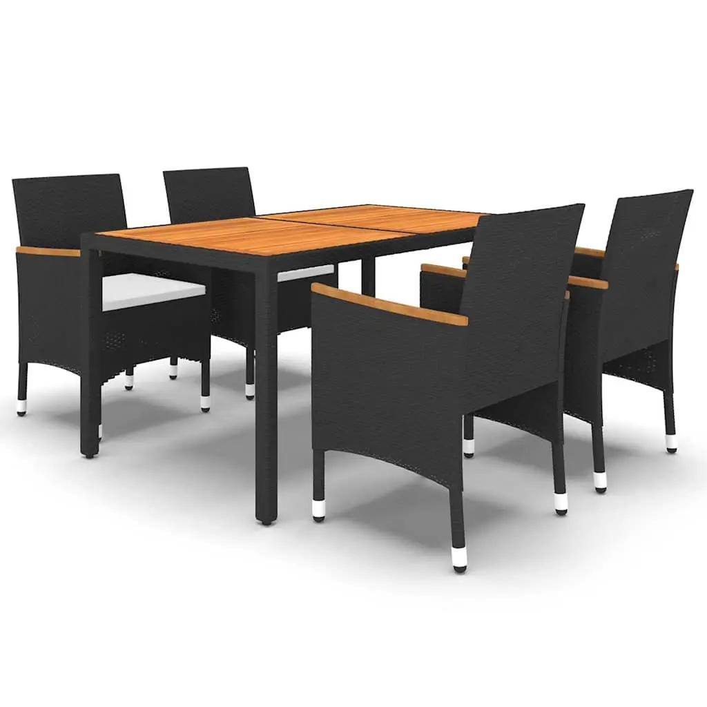 5 Piece Garden Dining Set Steel Frame PE Rattan Black Acacia Wood Tabletop