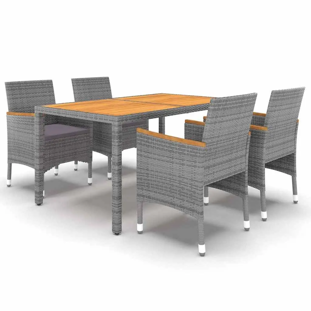 5 Piece Outdoor Dining Set Acacia Wood Table Cushioned Chairs PE Rattan Steel Frame Grey