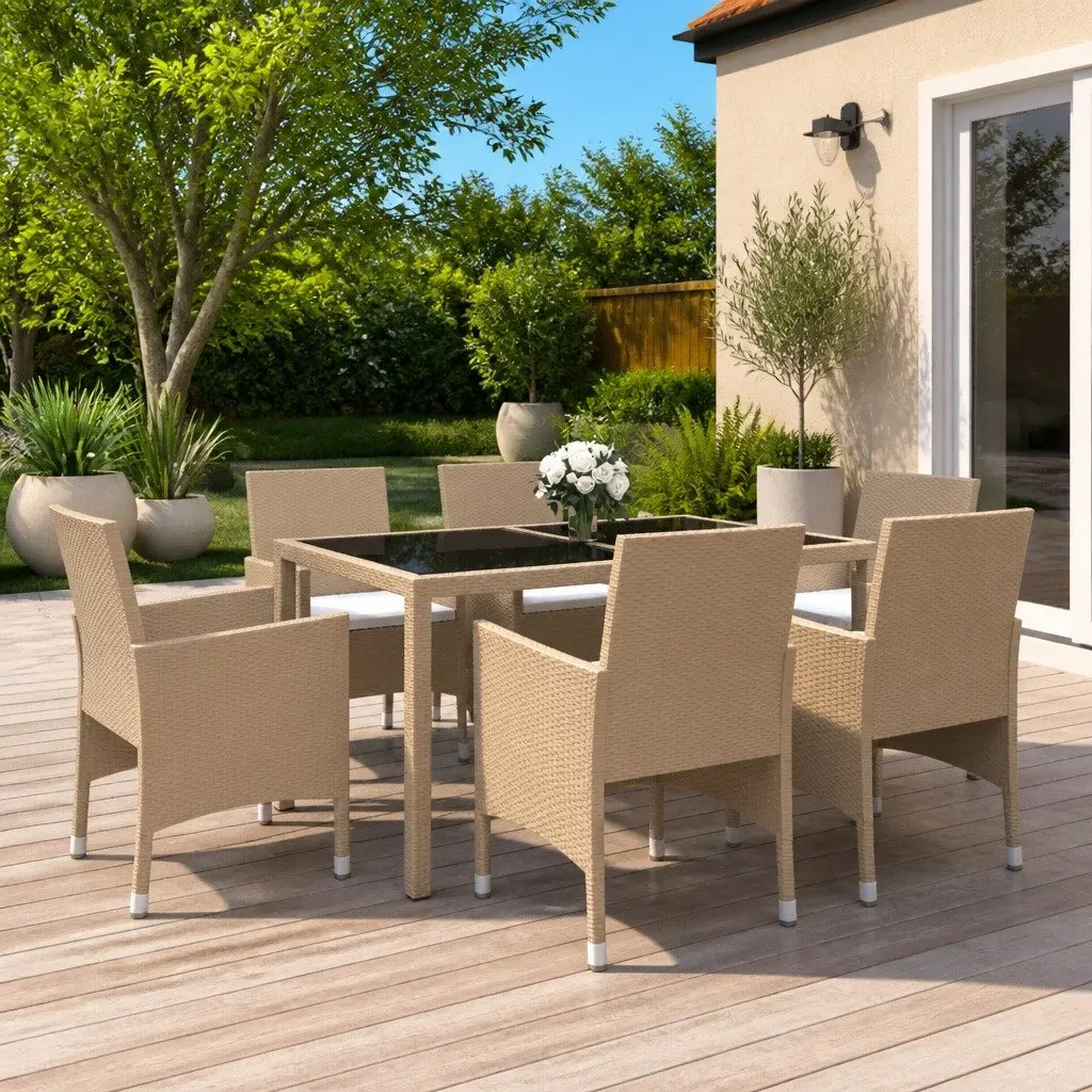 7 Piece Patio Dining Set Outdoor Furniture Tempered Glass Beige Poly Rattan Chair and Table Set