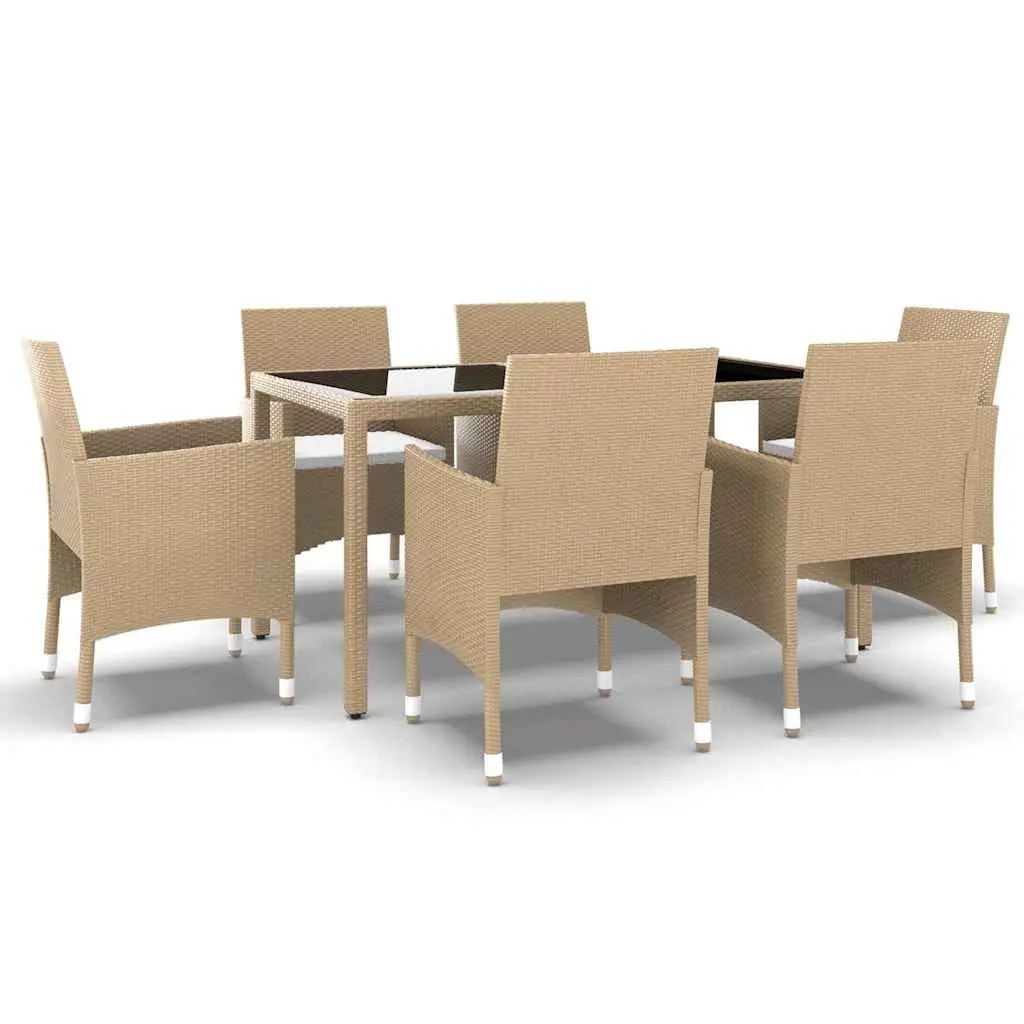 7 Piece Patio Dining Set Outdoor Furniture Tempered Glass Beige Poly Rattan Chair and Table Set