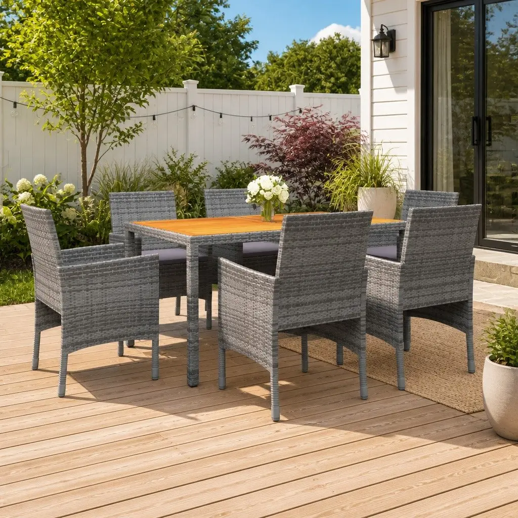 7 Piece Garden Dining Set Outdoor Patio Furniture Grey Rattan Powder-coated Steel Acacia Wood Table Chairs