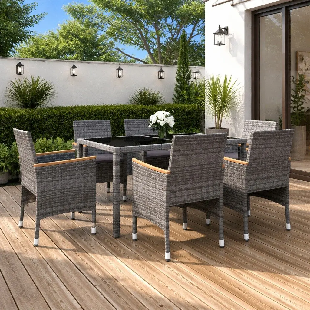 7 Piece Outdoor Dining Set Powder-coated Steel PE Rattan Grey Table Chairs