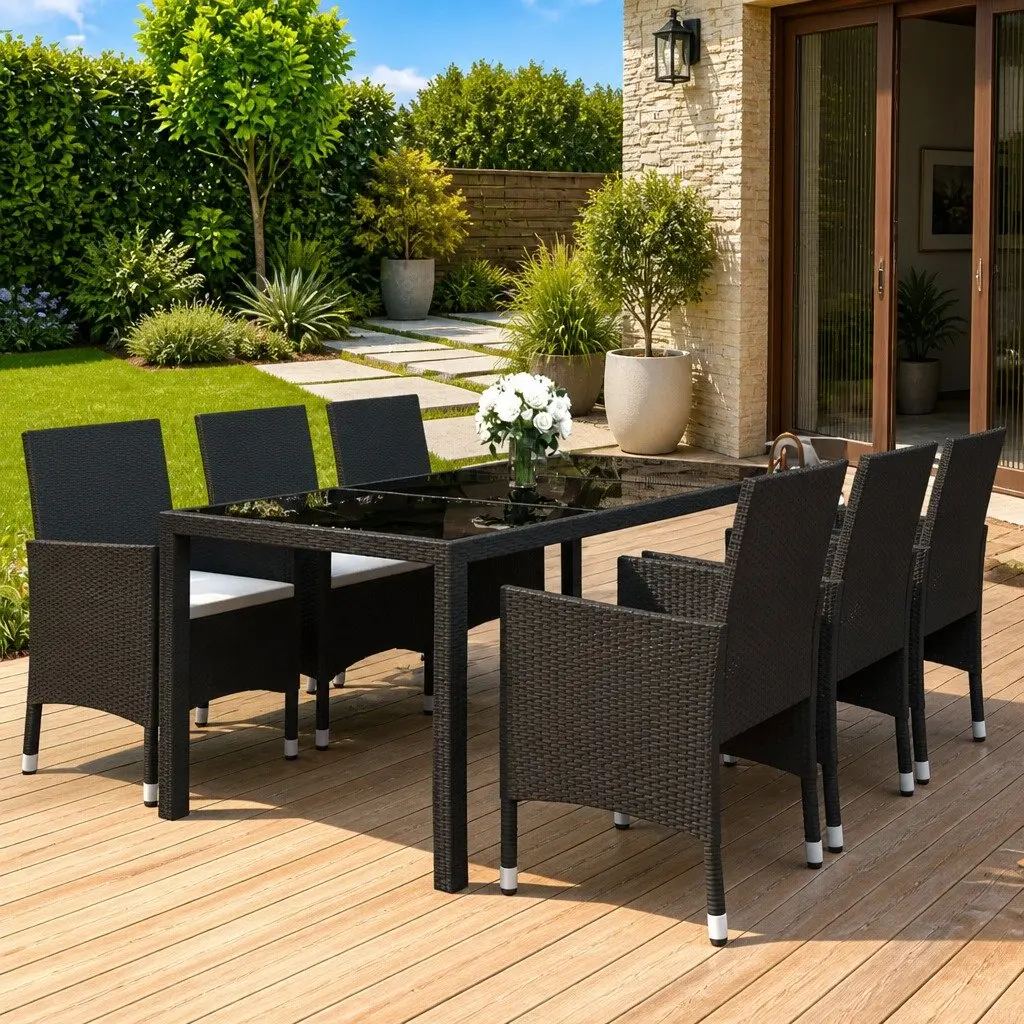 7 Piece Garden Dining Set Powder Coated Steel PE Rattan Tempered Glass Table Ergonomic Chairs Black