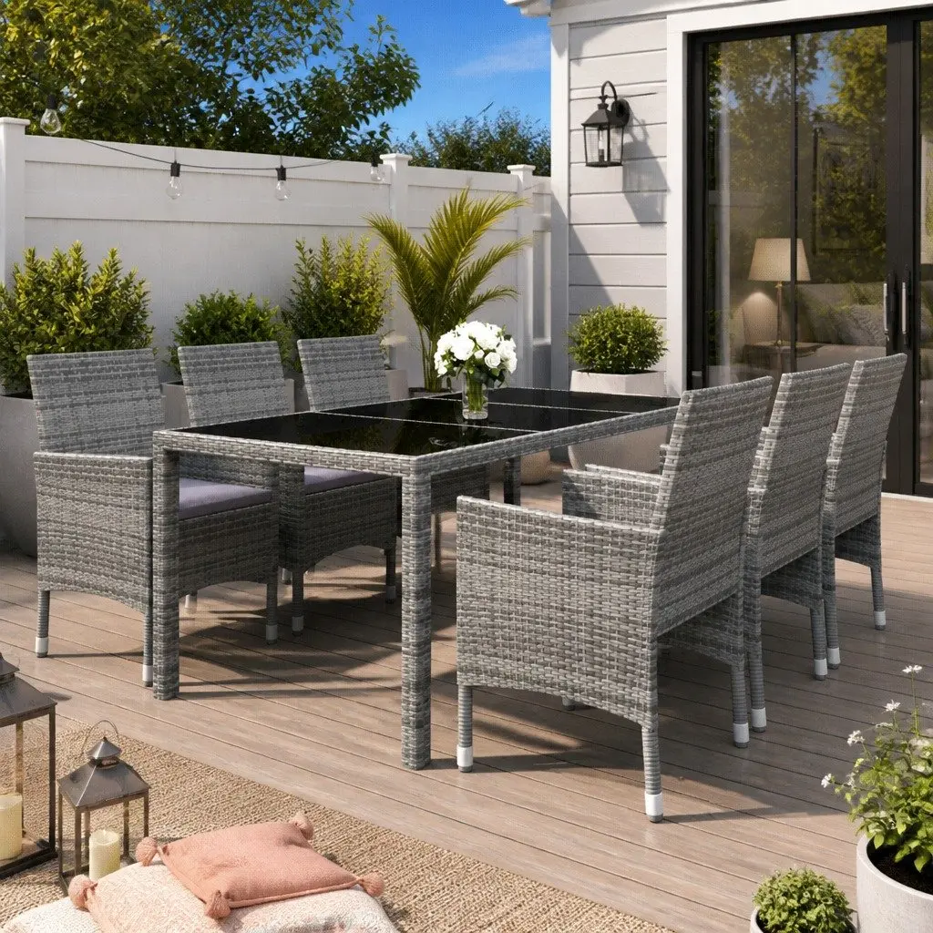 7 Piece Garden Dining Set Rattan Powder-coated Steel Grey Glass Table Chairs Outdoor Furniture