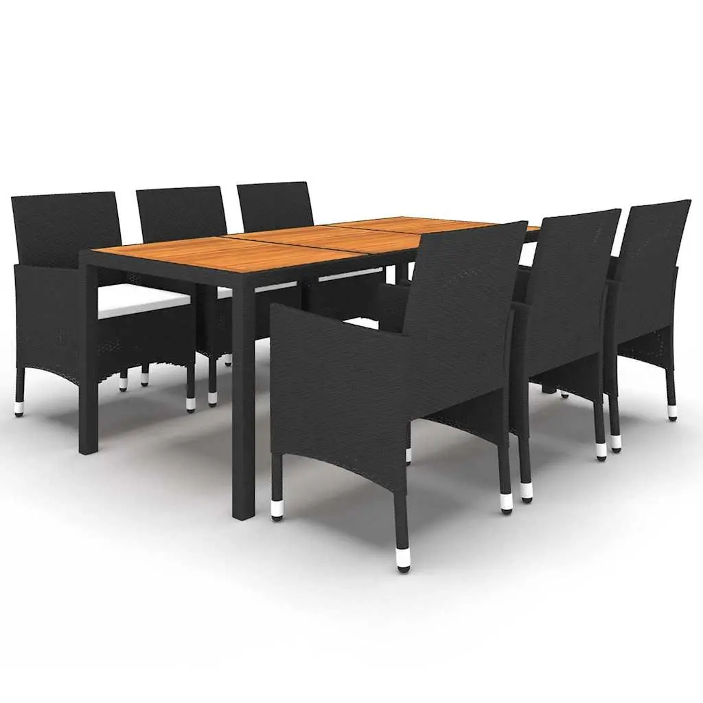 7 Piece Dining Set Outdoor Patio Chairs Black Rattan Acacia Wood Table Ergonomic