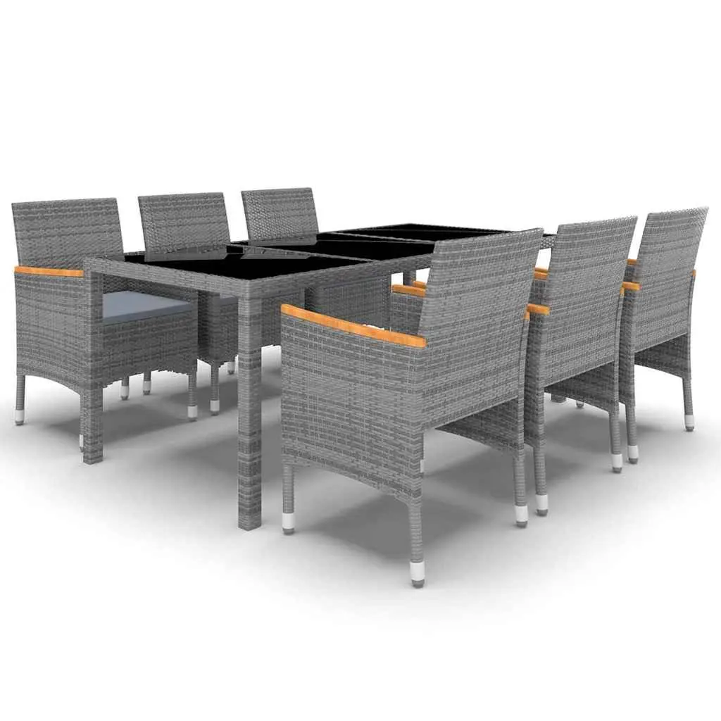 7 Piece Outdoor Dining Set Grey PE Rattan Cushioned Chairs Tempered Glass Table