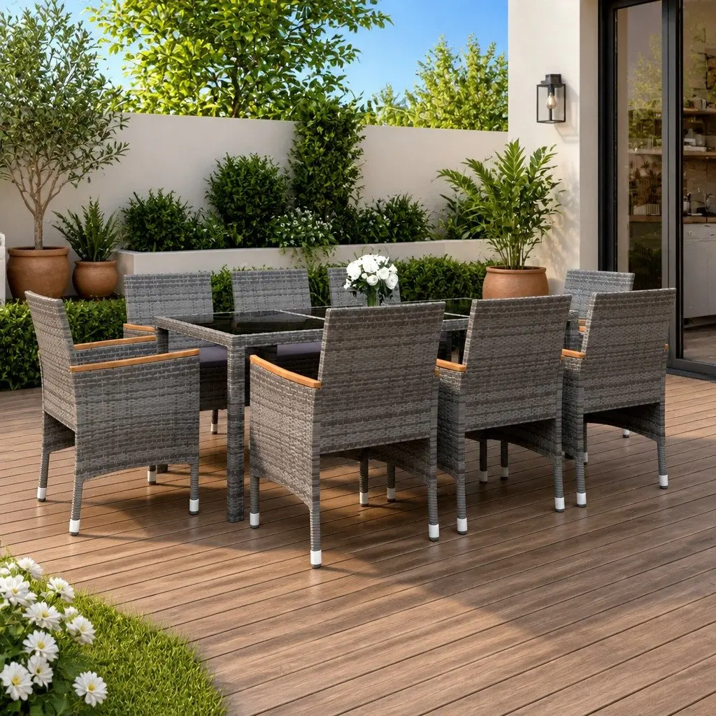 9 Piece Garden Dining Set Grey PE Rattan Powder Coated Steel Frame with Tempered Glass Top