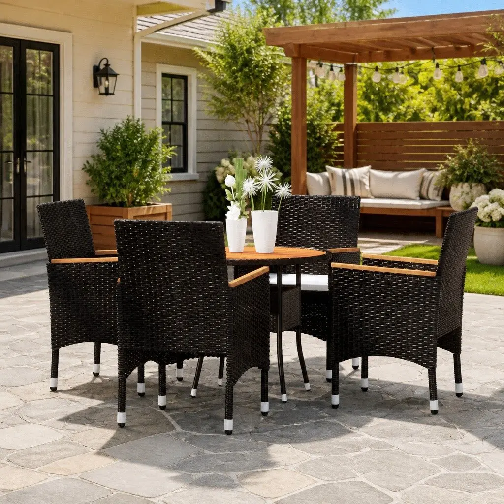 Garden Dining Set 5 Piece Poly Rattan Steel Frame Acacia Wood Black