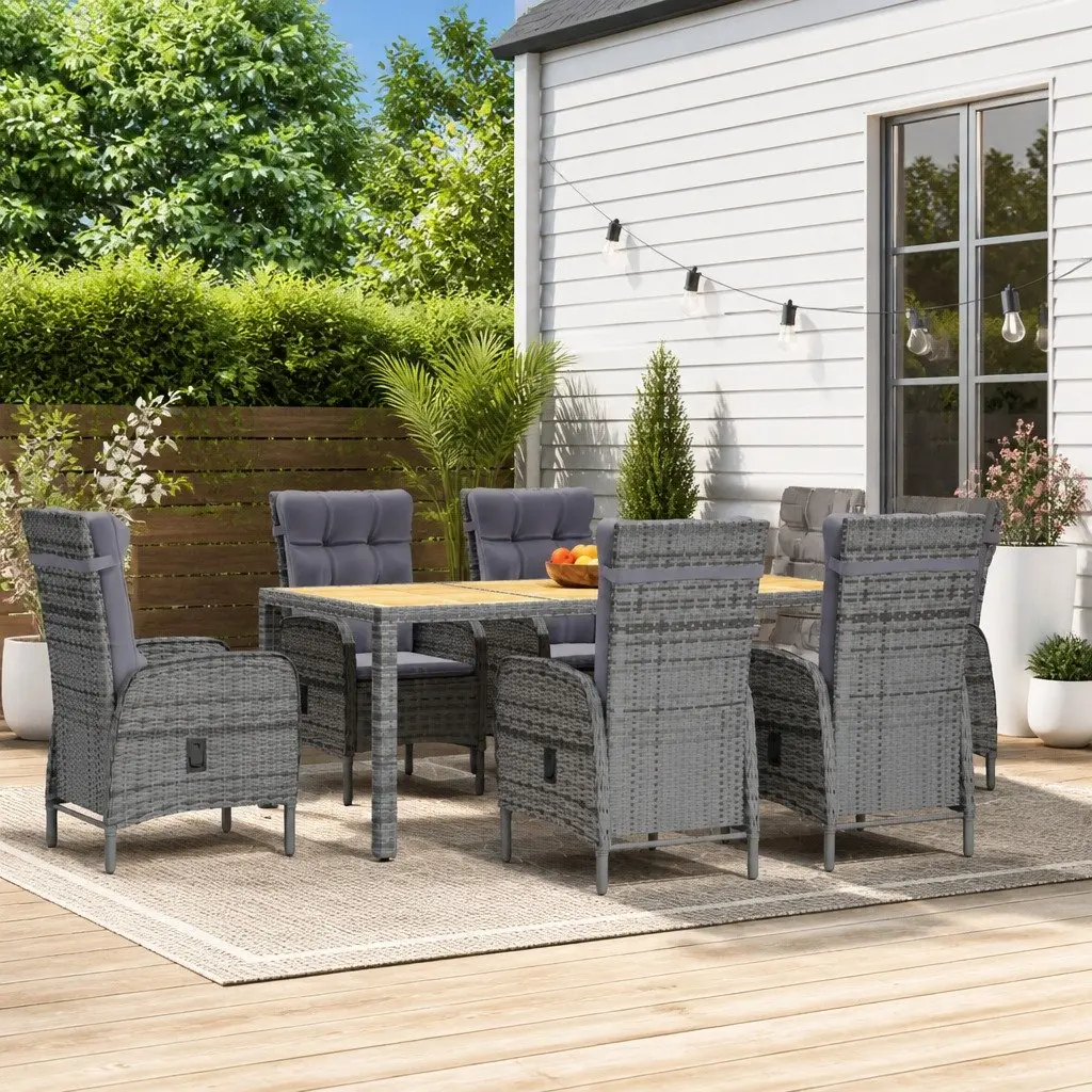 Garden Dining Set 7 Piece Outdoor Furniture Steel PE Rattan Grey with Solid Acacia Wood Table