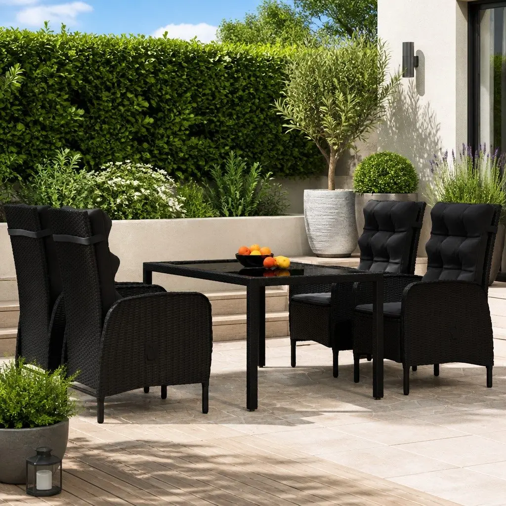 5 Piece Patio Dining Set Ergonomic Chairs Steel Frame PE Rattan Black Glass Table