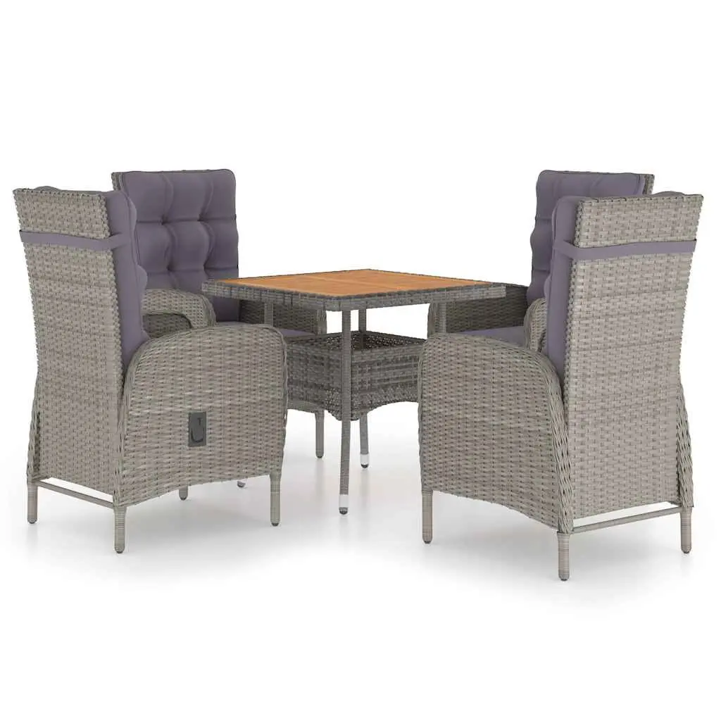 Outdoor Dining Set Grey PE Rattan Acacia Wood 5 Piece Patio Furniture with Comfort Armchairs and Cushions