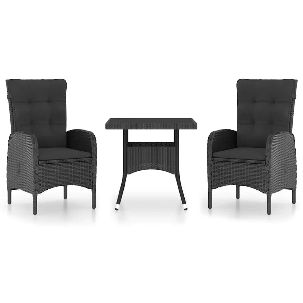 Outdoor Dining Set Poly Rattan Glass Table 3 Piece Black