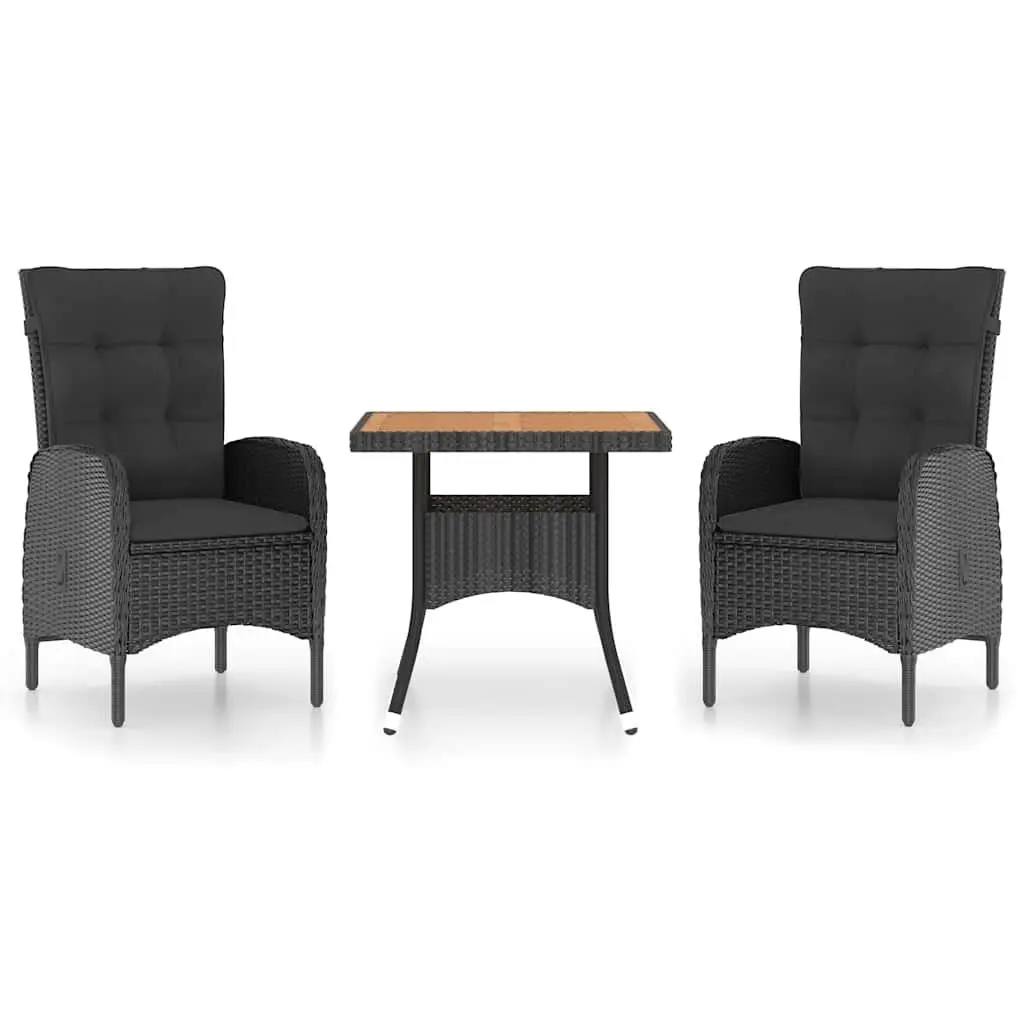Outdoor Dining Set 3 Piece Garden Furniture Poly Rattan Acacia Wood Black