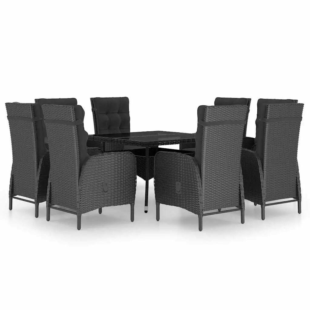 9 Piece Outdoor Dining Set Steel Rattan Chairs Glass Top Black