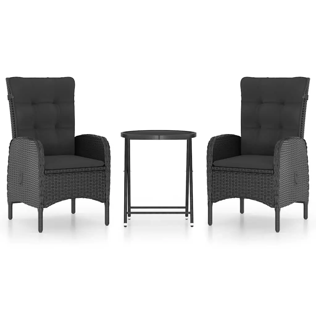 Outdoor Bistro Set Powder-coated Steel PE Rattan 3 Piece Garden Furniture Patio Dining Table Chairs Black