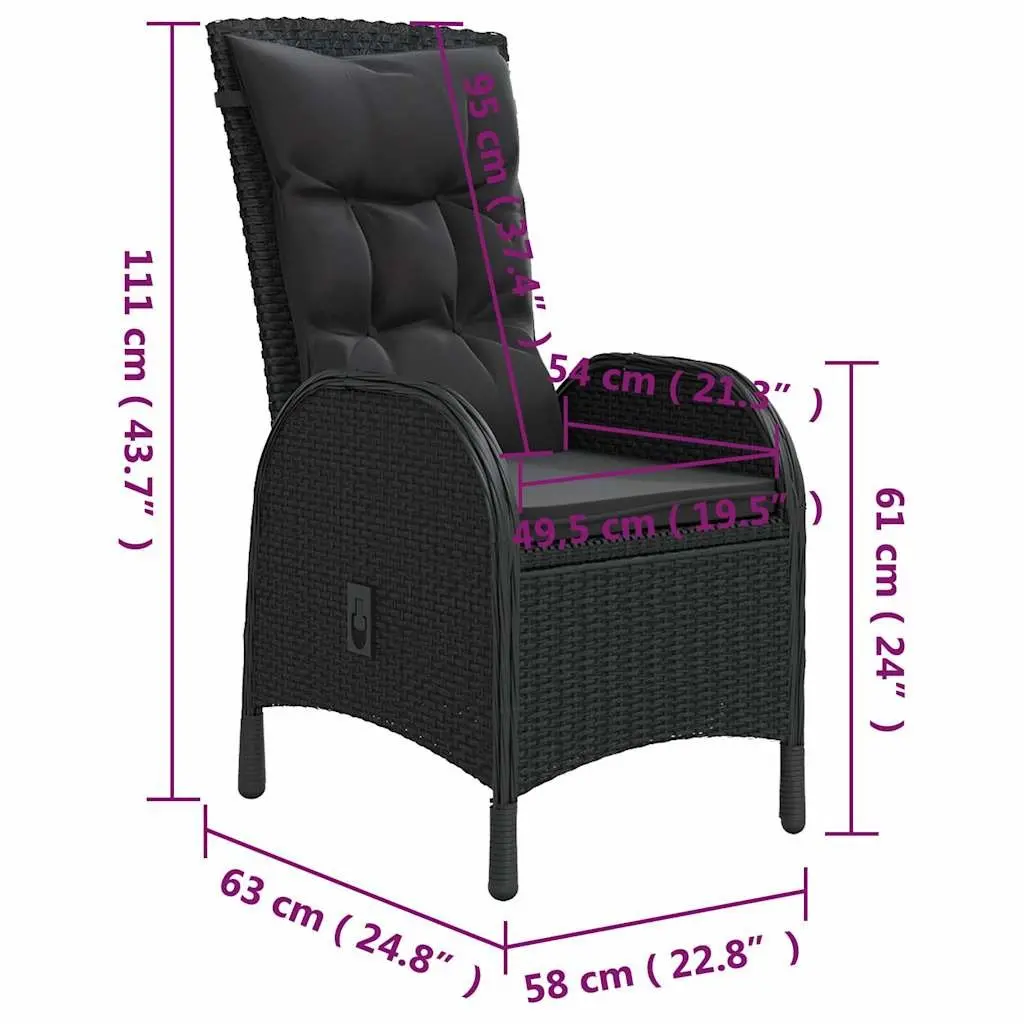 3 Piece Bistro Set Outdoor Furniture Black Poly Rattan Chairs with Adjustable Backrest and Steel Table