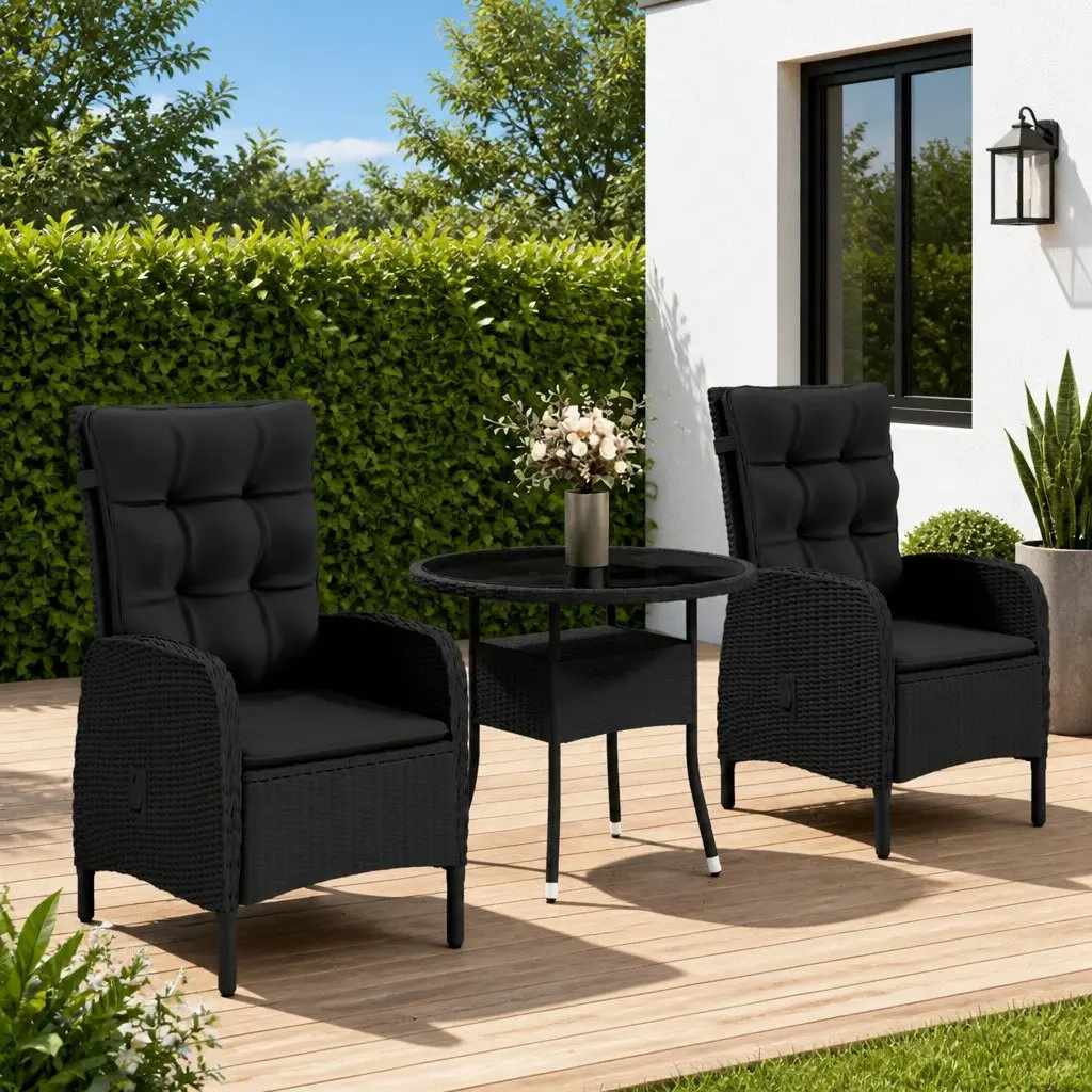 3 Piece Garden Bistro Set Steel Frame Poly Rattan Black Chairs Table