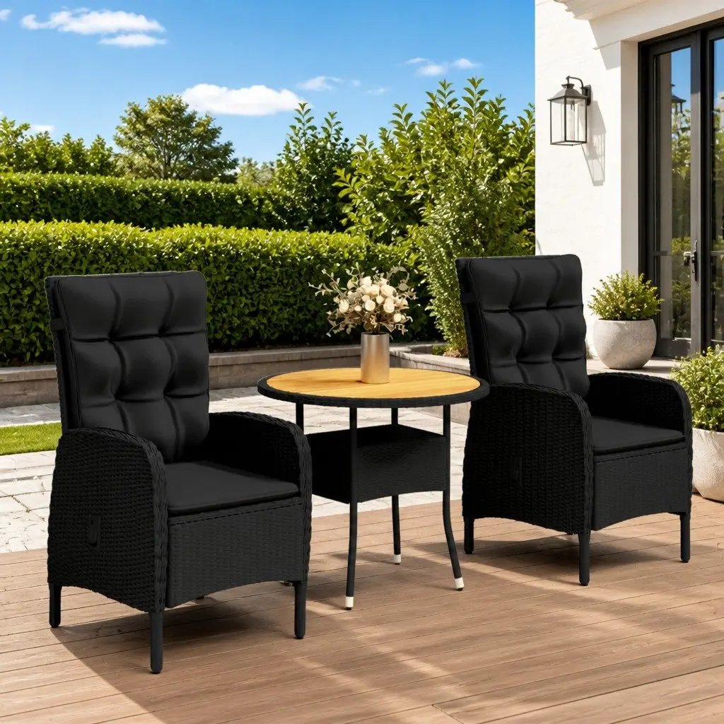 3 Piece Bistro Set Outdoor Furniture Black Poly Rattan Includes 2 Chairs with Cushions and Table Garden Patio Use