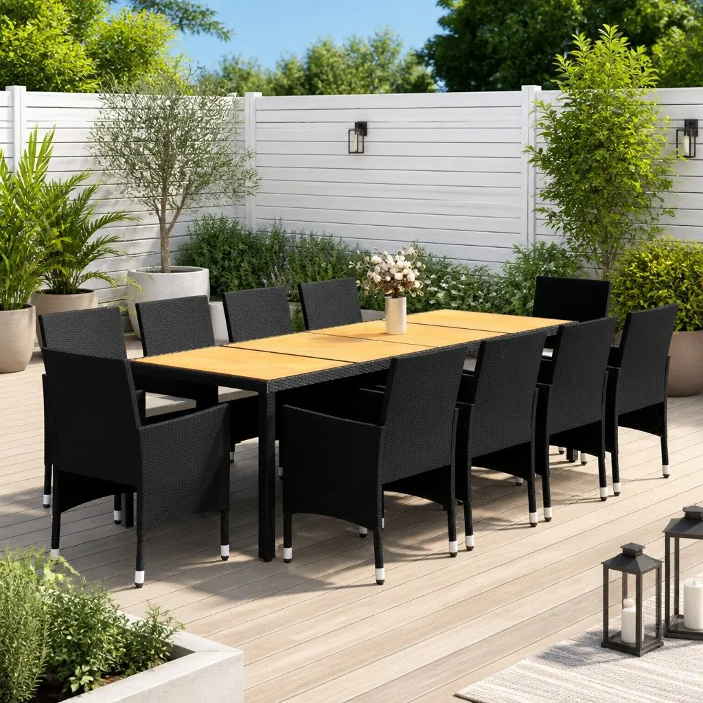 11 Piece Outdoor Dining Set Steel Rattan Black