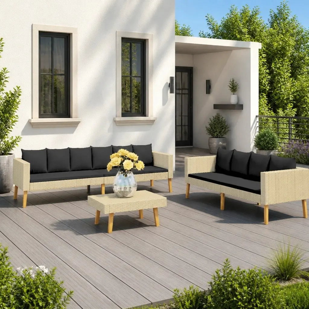 Garden Lounge Set PE Rattan Powder-coated Steel 3 Piece Beige Outdoor Furniture Sofa Table Cushions