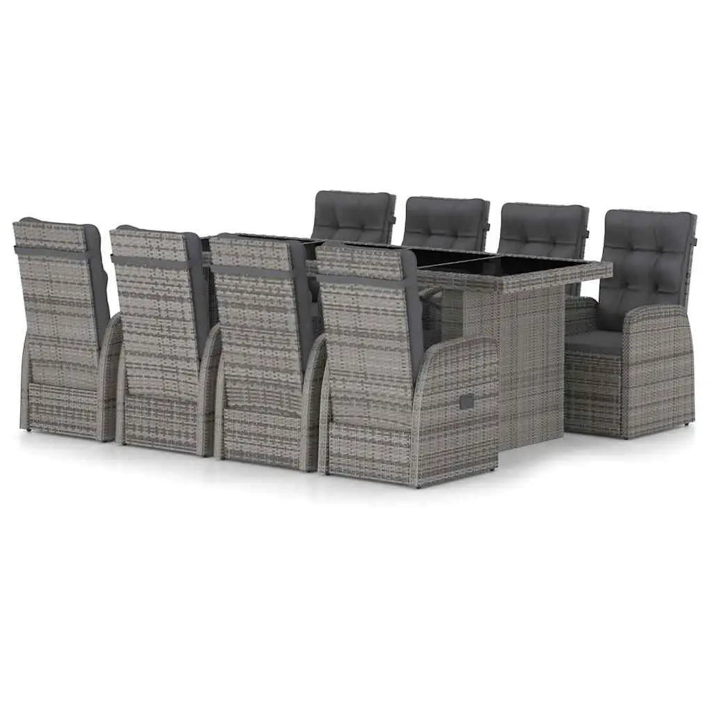 Outdoor Dining Set 9 Piece Grey PE Rattan Garden Furniture with Powder Coated Steel Frame and Glass Tabletop