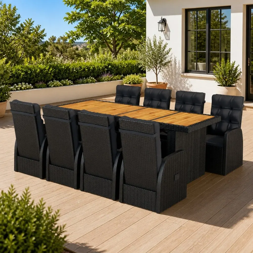 9 Piece Outdoor Dining Set Black PE Rattan Furniture with Powder Coated Steel Frame and Acacia Wood Tabletop and Cushions