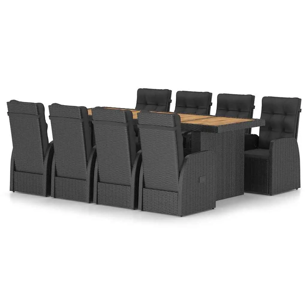 9 Piece Outdoor Dining Set Black PE Rattan Furniture with Powder Coated Steel Frame and Acacia Wood Tabletop and Cushions