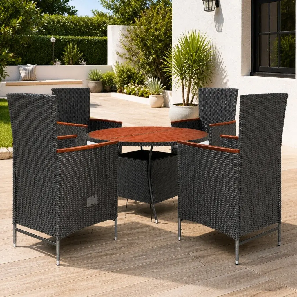 Outdoor Dining Set PE Rattan Powder Coated Steel 5 Piece Black Garden Furniture with Acacia Wood Tabletop and Cushions