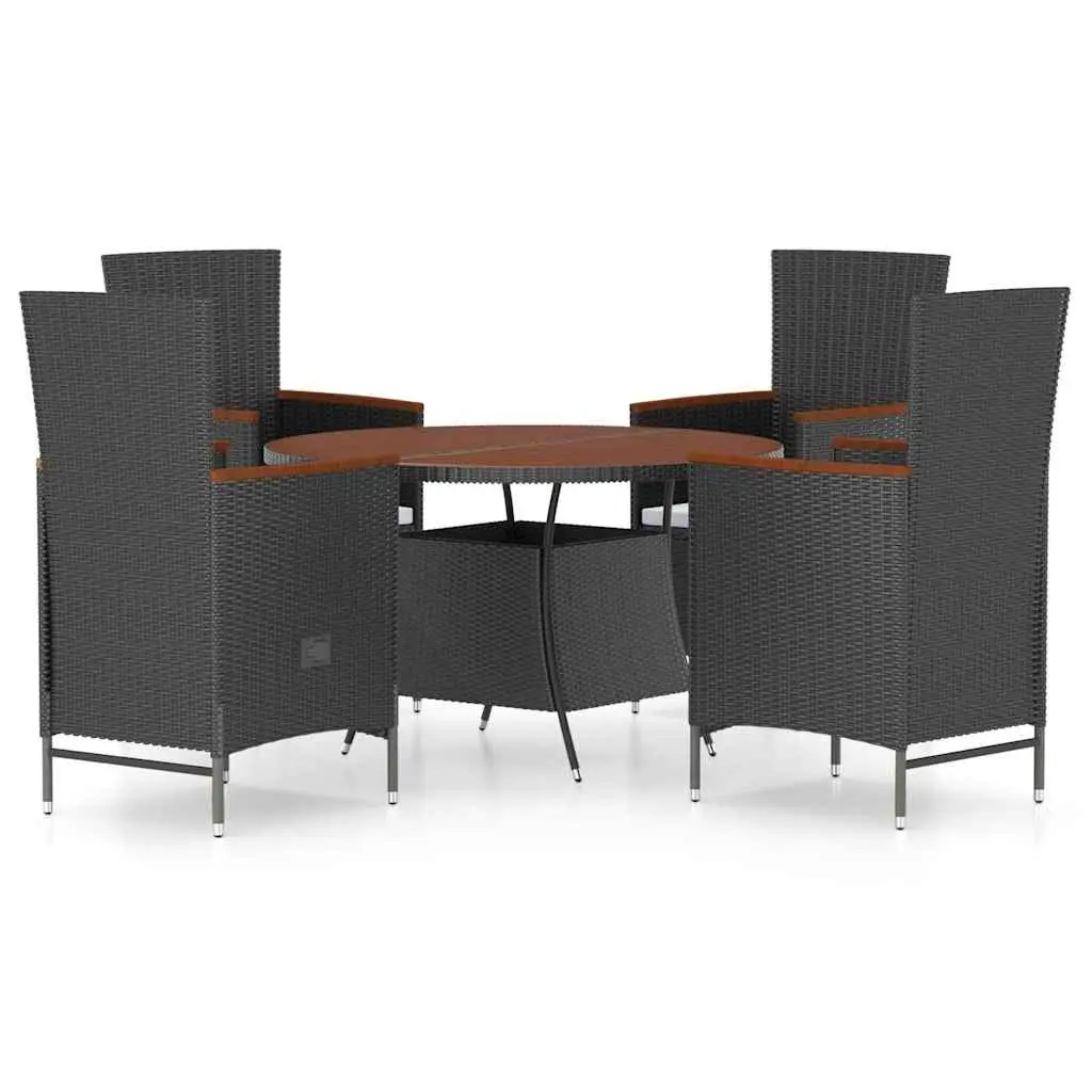 Outdoor Dining Set PE Rattan Powder Coated Steel 5 Piece Black Garden Furniture with Acacia Wood Tabletop and Cushions