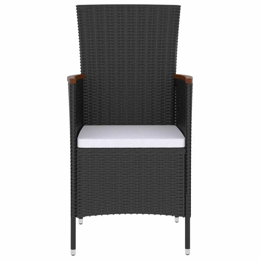 Outdoor Dining Set PE Rattan Powder Coated Steel 5 Piece Black Garden Furniture with Acacia Wood Tabletop and Cushions