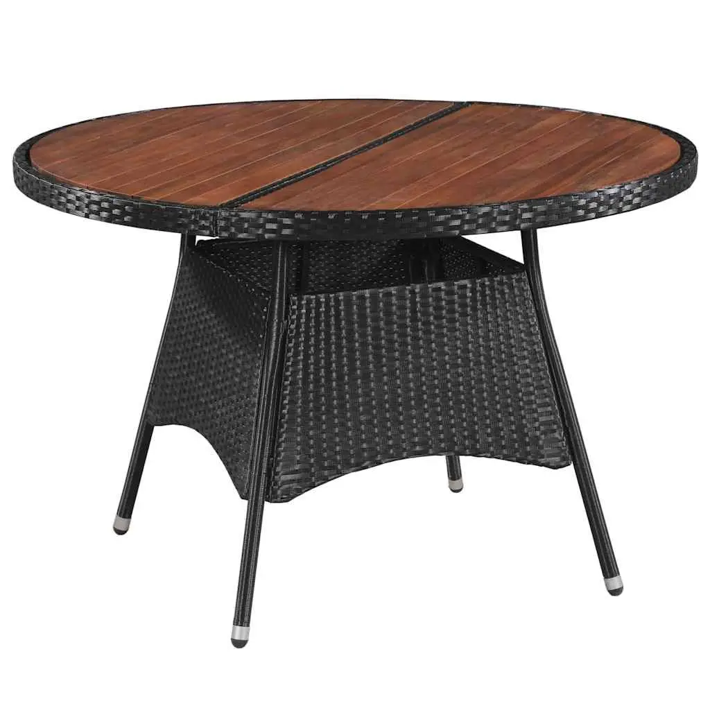 Outdoor Dining Set PE Rattan Powder Coated Steel 5 Piece Black Garden Furniture with Acacia Wood Tabletop and Cushions