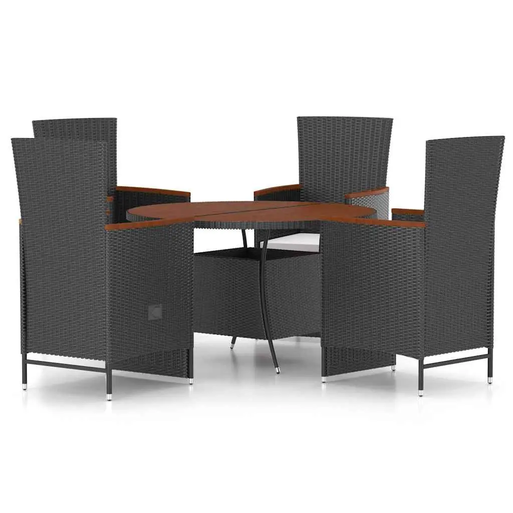 5 Piece Dining Set Black Poly Rattan Garden Furniture with Acacia Wood Table and Cushions for Outdoor Patio Use
