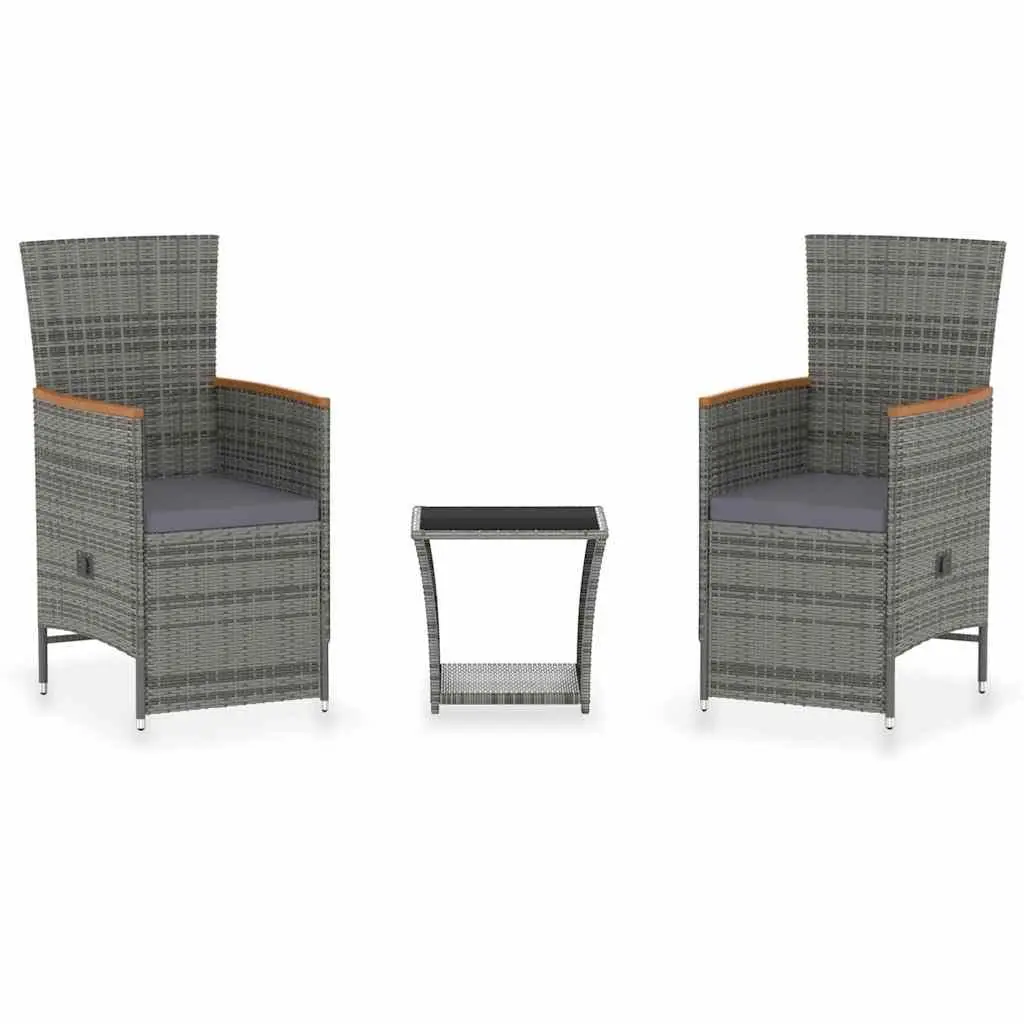 3 Piece Garden Lounge Set PE Rattan Grey Reclining Armchairs Coffee Table