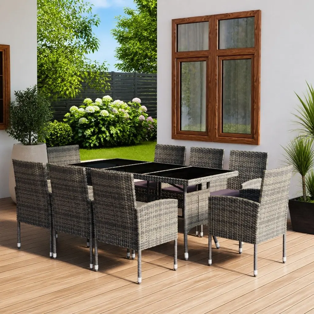 9 Piece Grey Rattan Dining Set for Outdoor Use