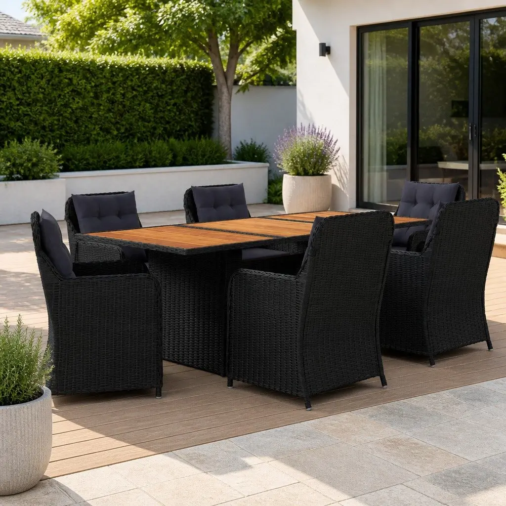 Garden Dining Set 7 Piece PE Rattan Powder Coated Steel Frame Solid Acacia Wood Table Black