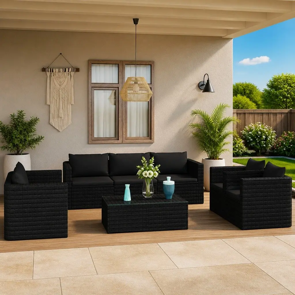 Garden Lounge Set Modular Sofa Black Rattan 9 Piece Outdoor Furniture with Cushions