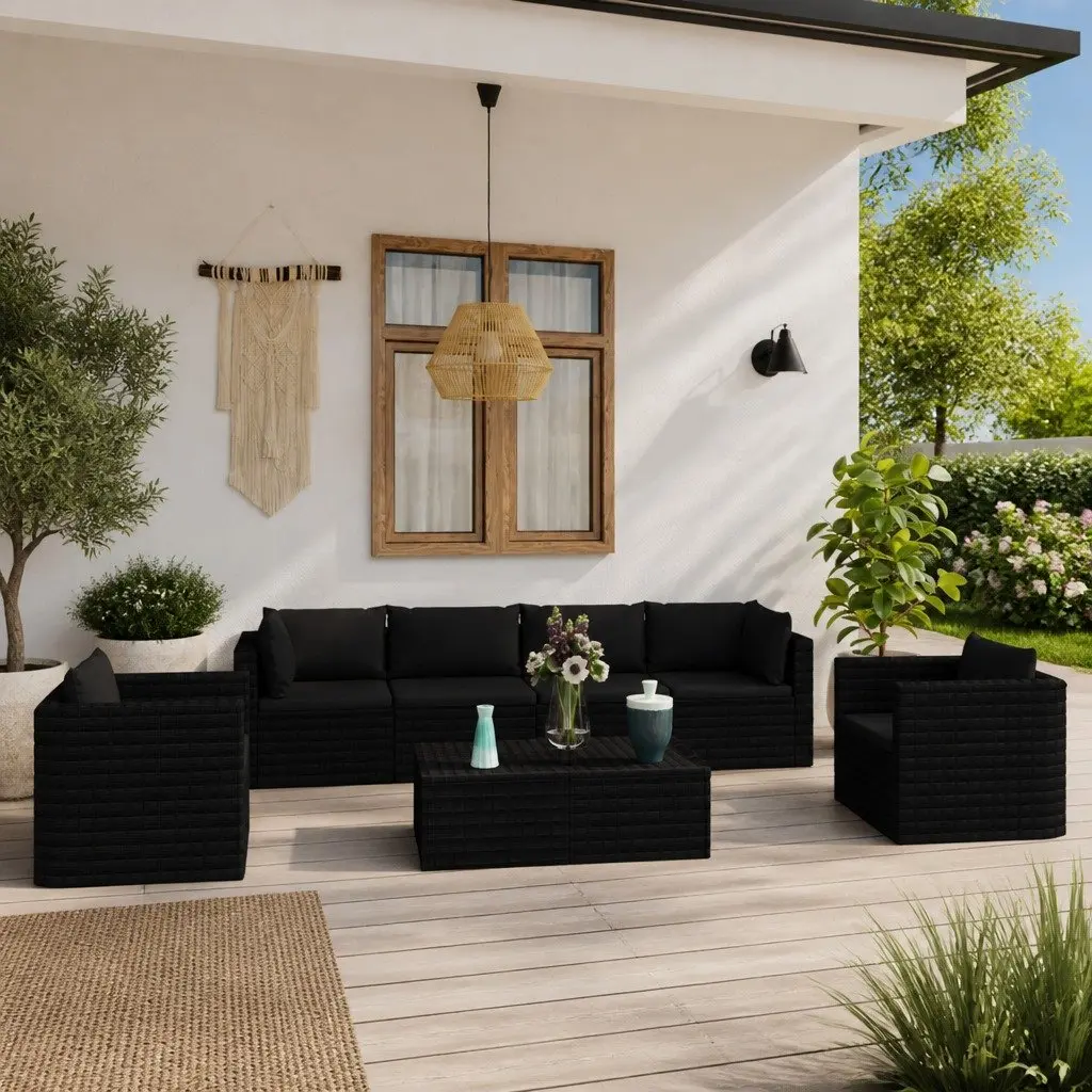 7 Piece Garden Lounge Set PE Rattan Modular Seating Black