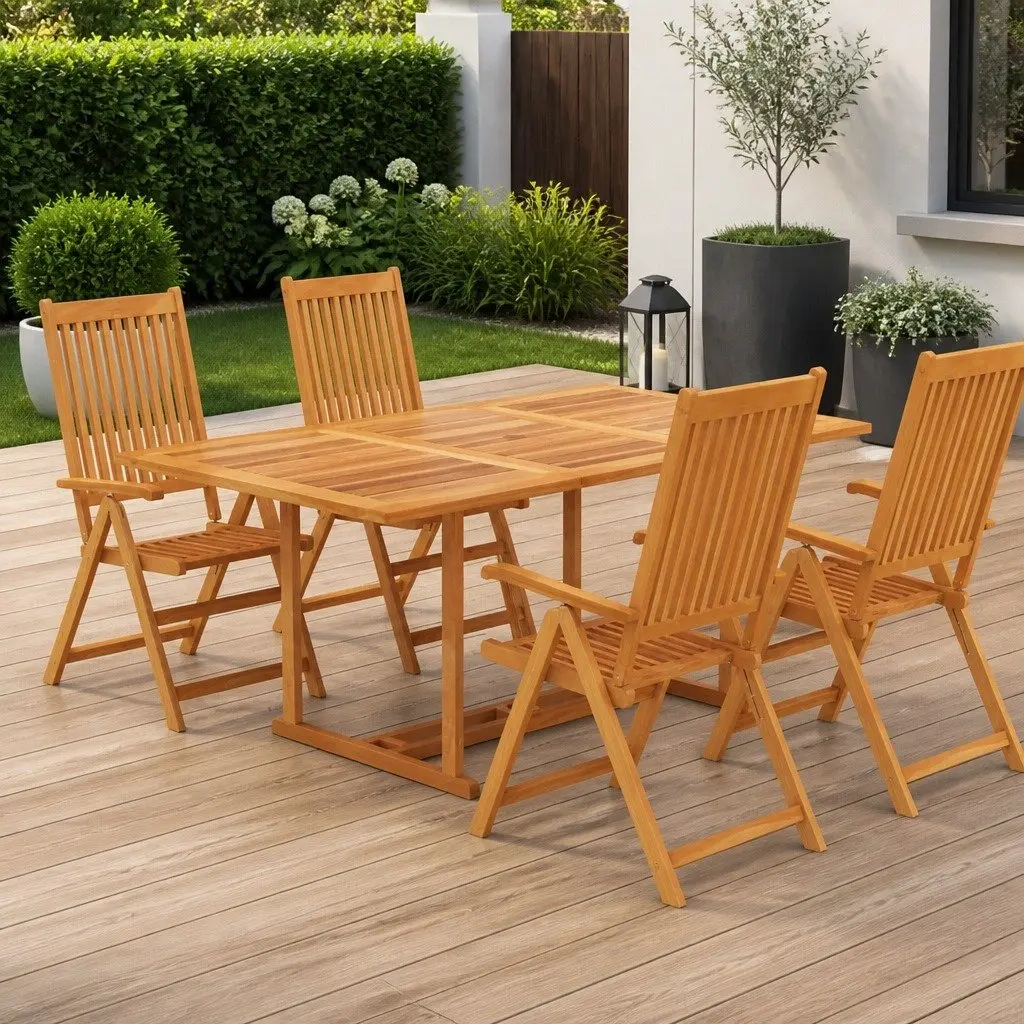 5 Piece Garden Dining Set Teak Hardwood Table Chairs Outdoor Patio Furniture Brown