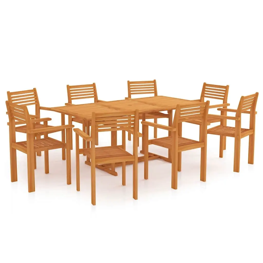 9 Piece Teak Wood Outdoor Dining Set Brown Stackable Chairs Garden Patio Table
