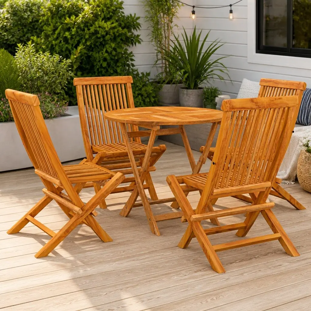 5 Piece Teak Wood Garden Dining Set Brown Outdoor Foldable Table and Chairs