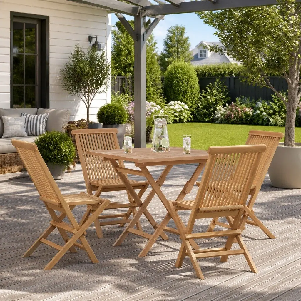 Garden Dining Set Teak Hardwood 5 Piece Brown Foldable Outdoor Furniture