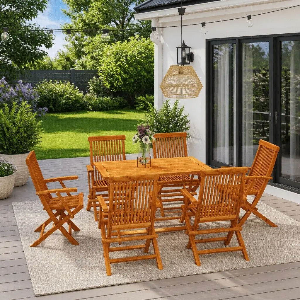 7 Piece Garden Dining Set Teak Hardwood Foldable Brown