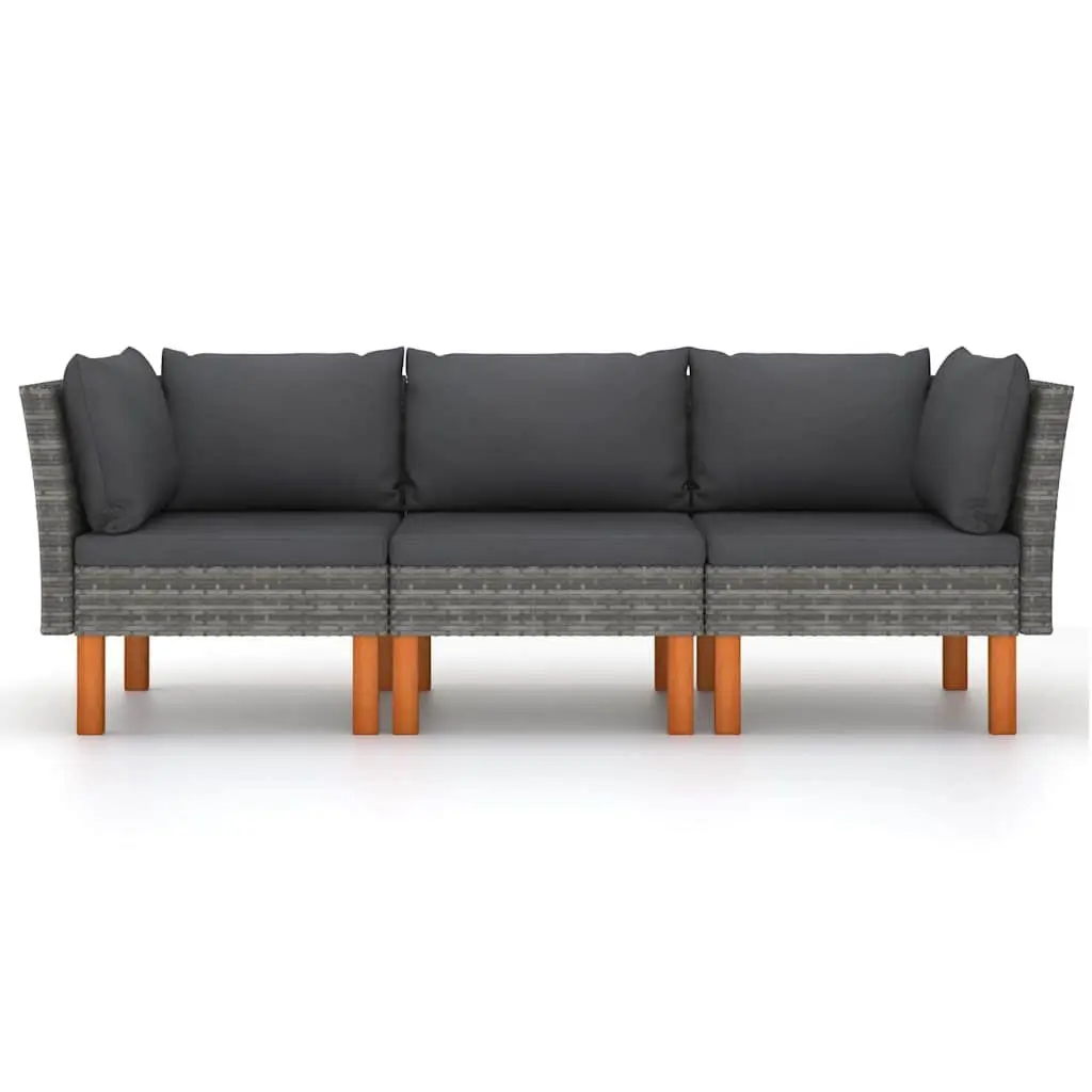 3-Seater Garden Sofa Outdoor Lounge Chair Grey PE Rattan Powder-Coated Steel Frame Eucalyptus Wood Legs with Cushions