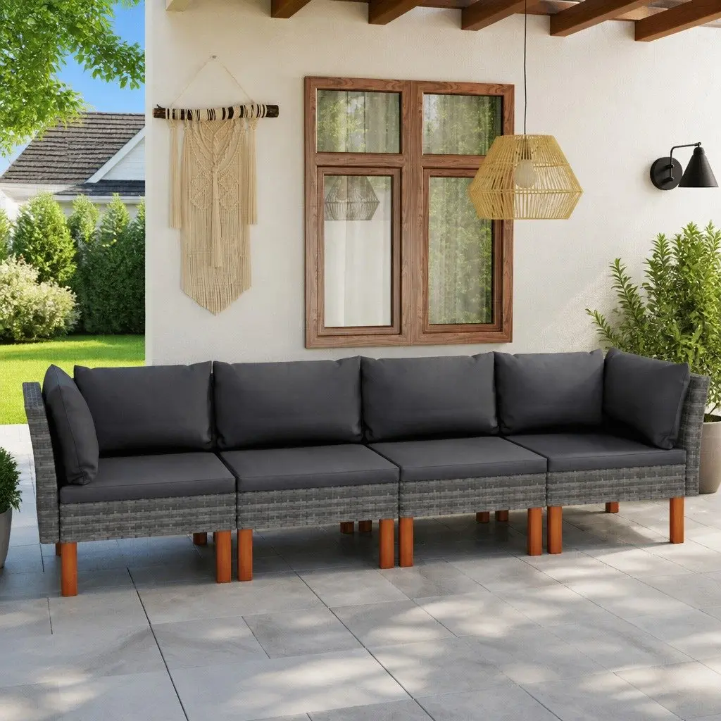 4-Seater Garden Sofa Outdoor Poly Rattan Grey Powder-coated Steel Frame with Eucalyptus Wood Legs and Cushions