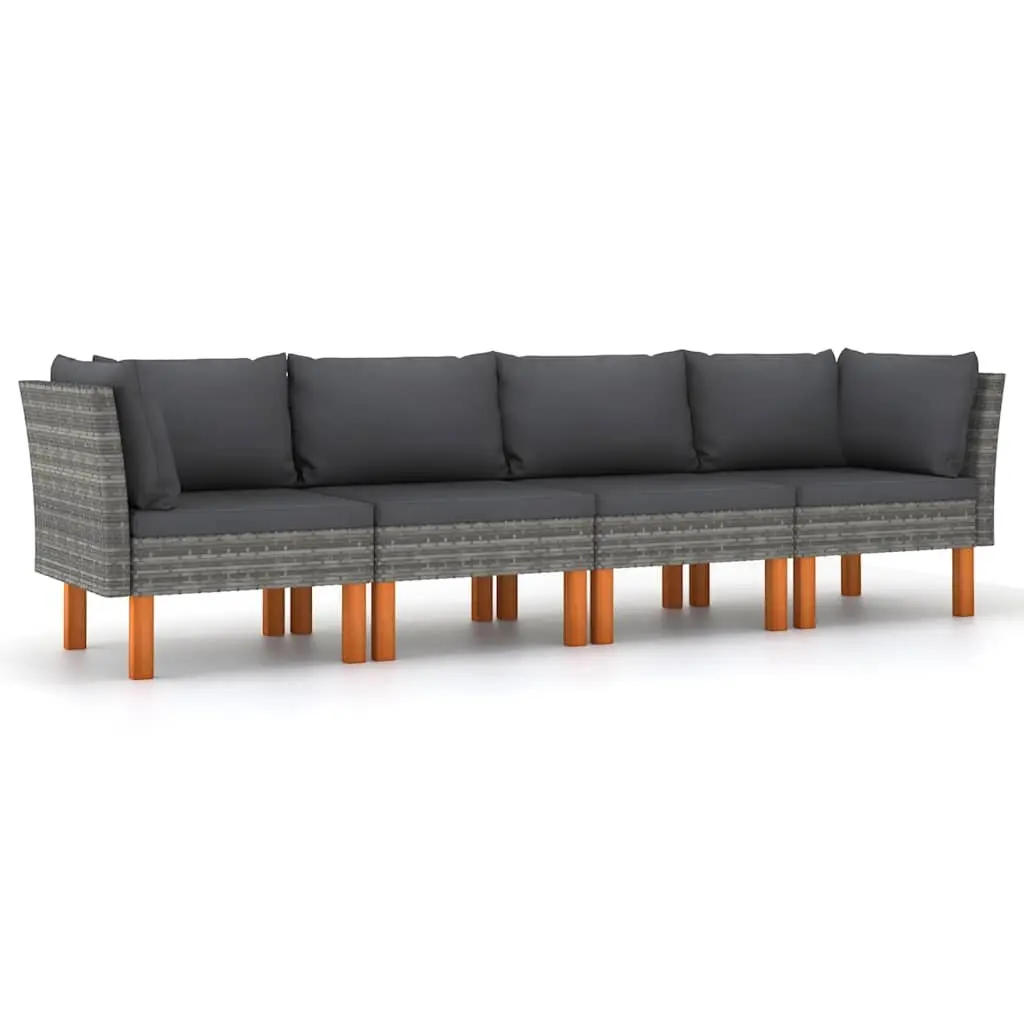 4-Seater Garden Sofa Outdoor Poly Rattan Grey Powder-coated Steel Frame with Eucalyptus Wood Legs and Cushions