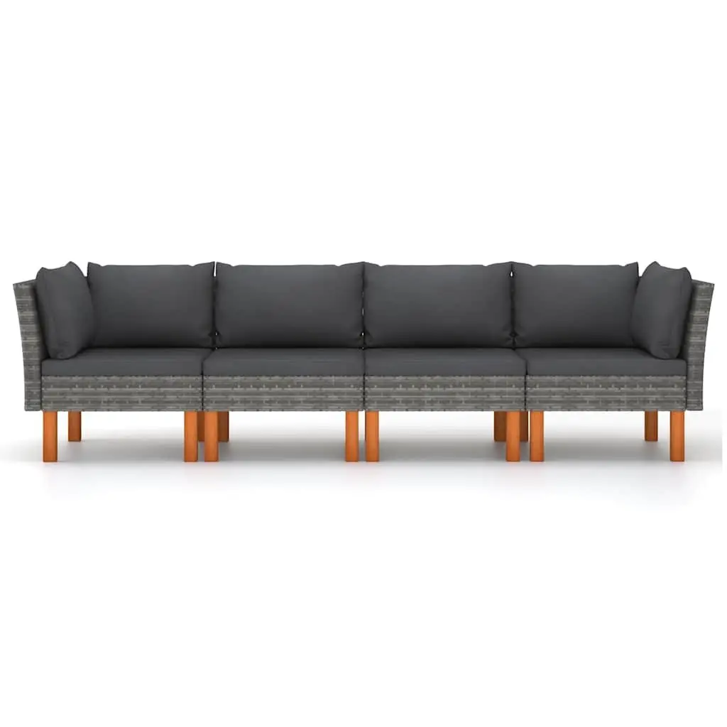 4-Seater Garden Sofa Outdoor Poly Rattan Grey Powder-coated Steel Frame with Eucalyptus Wood Legs and Cushions