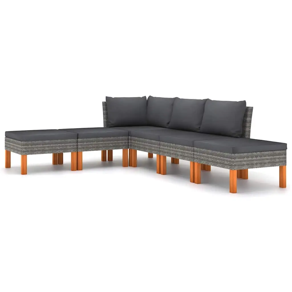 6 Piece Garden Lounge Set Poly Rattan Steel Eucalyptus Wood Grey Cushions