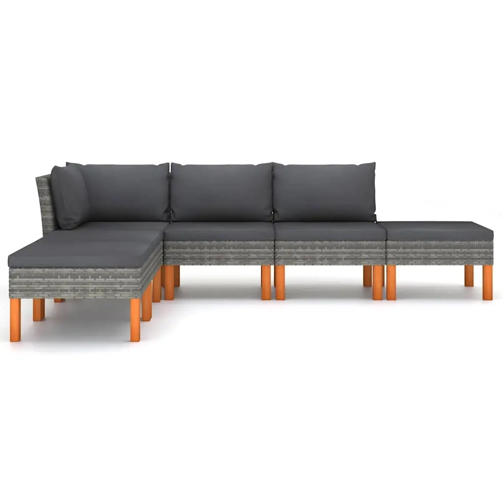 6 Piece Garden Lounge Set Poly Rattan Steel Eucalyptus Wood Grey Cushions